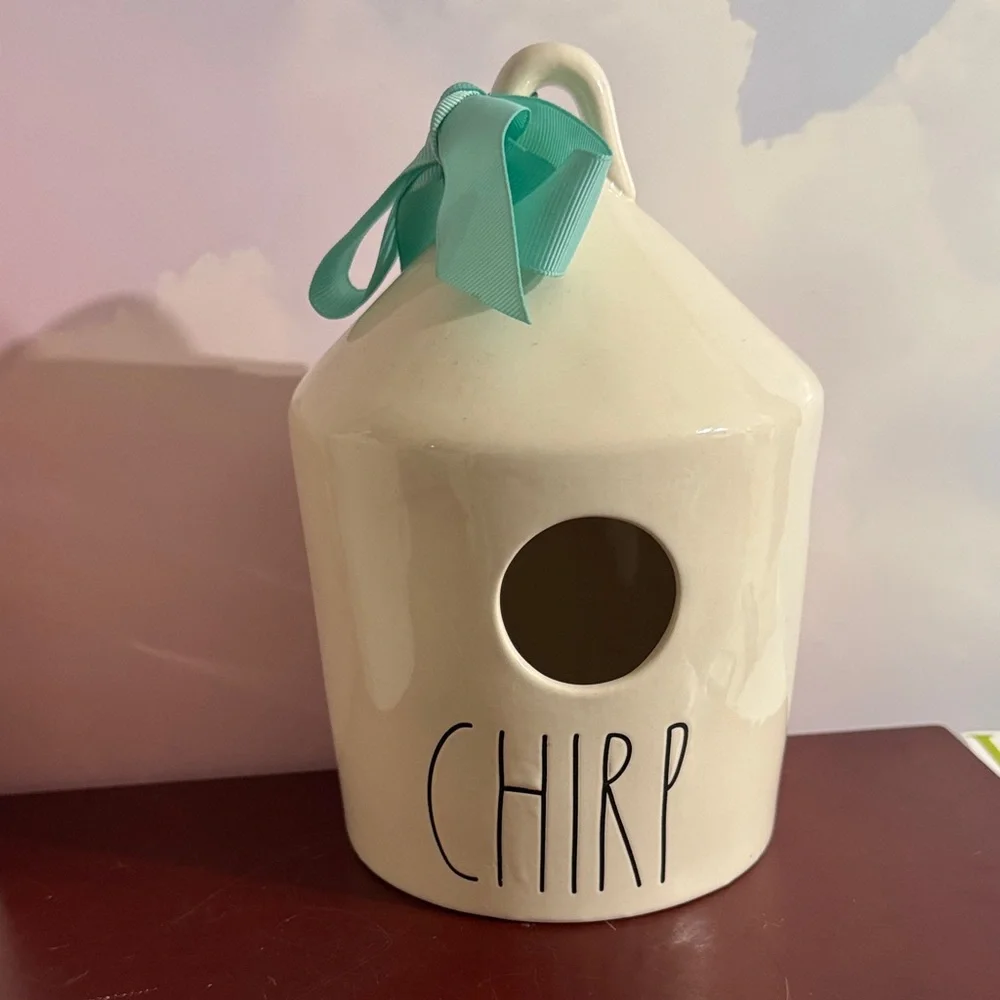 Rae Dunn artisan collection Chirp Ceramic Birdhouse with Teal Ribbon